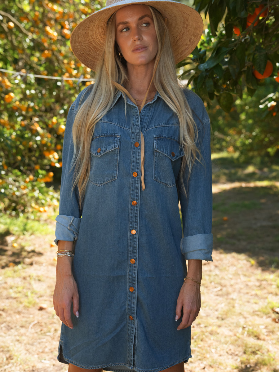 denim dress with puff sleeves Cosmala Denim Long Sleeve Mini Dress / Indigo Blue | MESHKI main image 1
